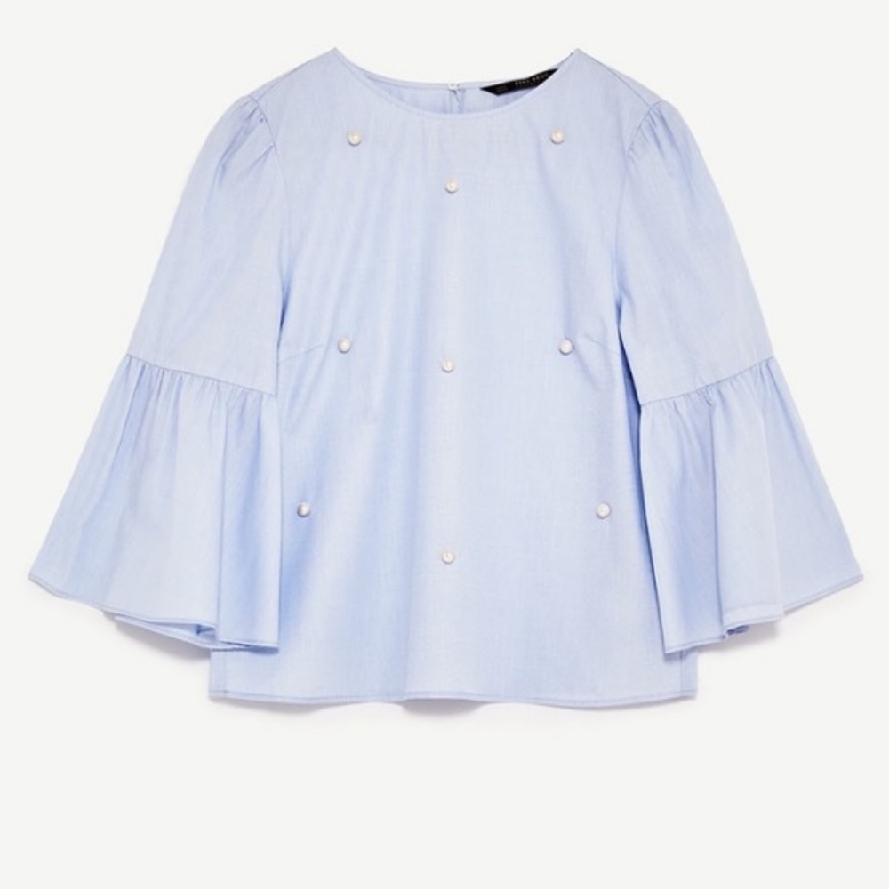 Zara Light Blue Bell Sleeve Blouse Nwt
